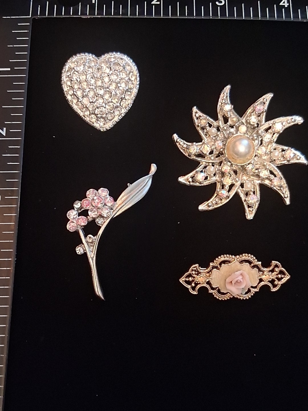 Silver-Tone Floral & Heart Brooch Set with Pink Accents